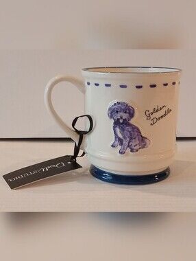 Dwell Studio Golden Doodle Ceramic White Mug with Blue Dog Illustration NEW